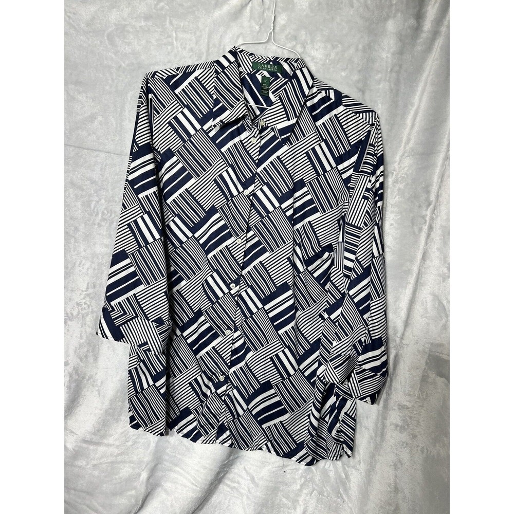 Lauren Ralph Lauren Womens Size 1X Button Up Shirt Navy/White  3/4 Sleeve Cotton